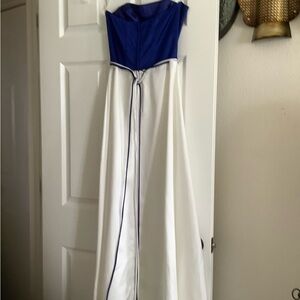 Royal blue and white satin gown.